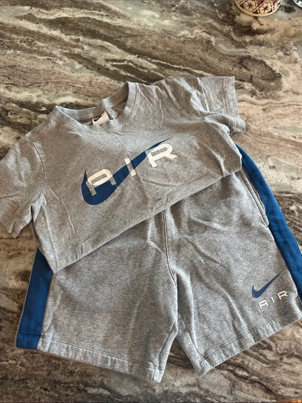 Nike Kids Gray Tee with Blue Air Logo and Royal Blue Shorts